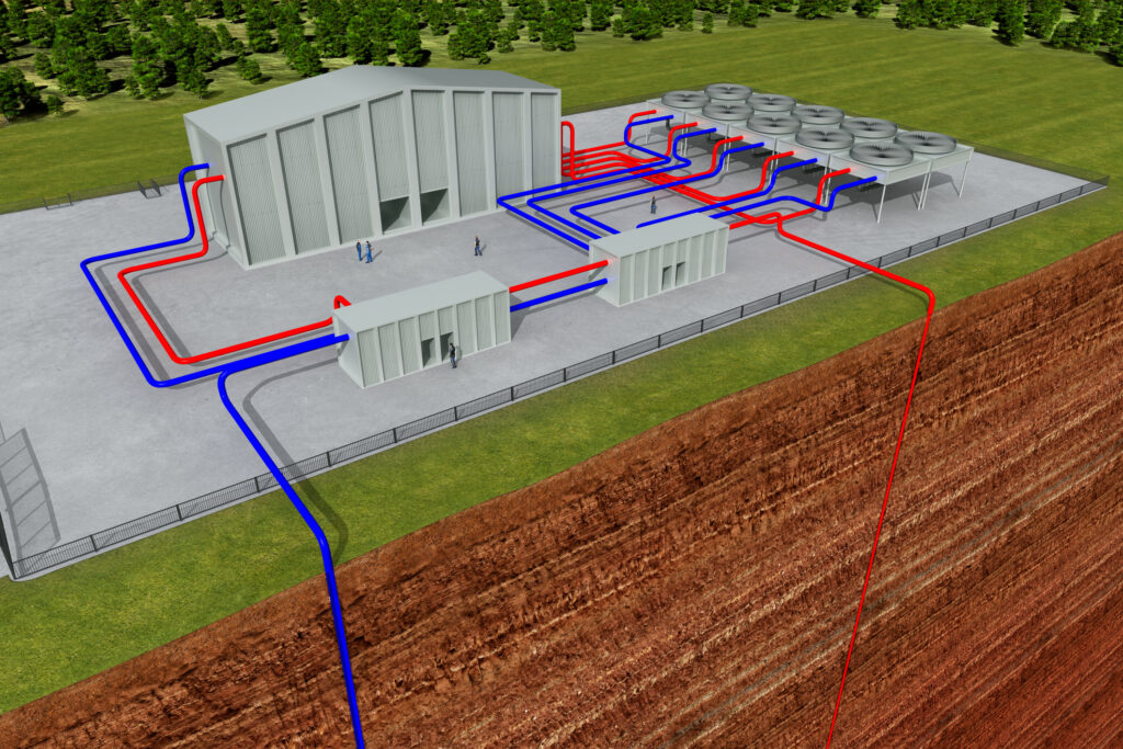 Geothermal system with cutting through the earth and deep hole, about 3 - 6 km deep