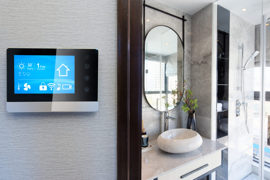 smart home system on intelligence screen on wall and background of modern bathroom